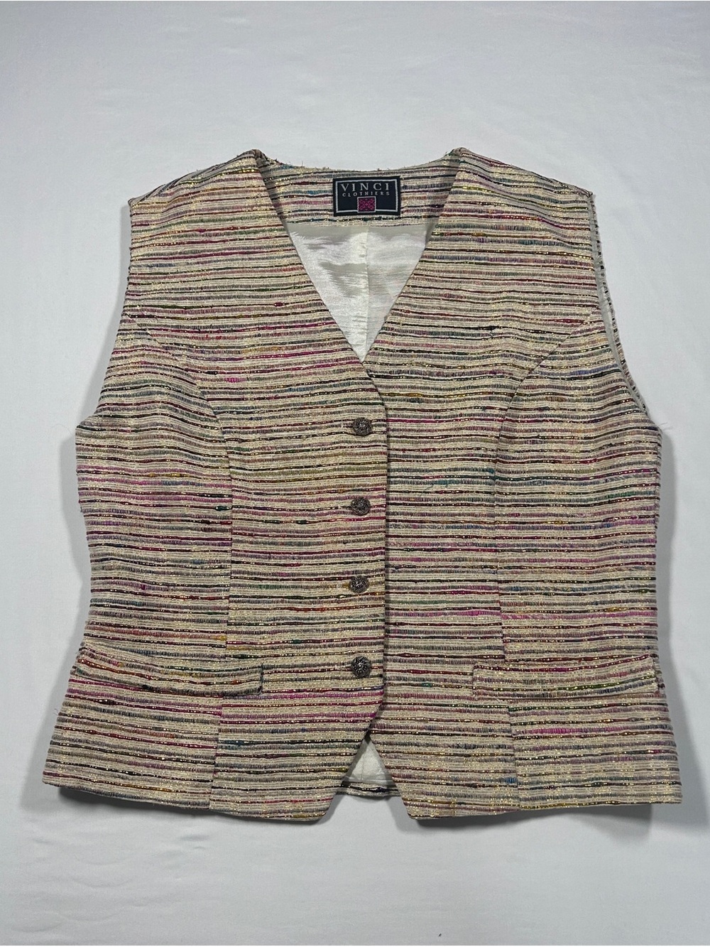 80s Vintage Vinci Clothiers 100% Silk Striped Multicolor Button-Front